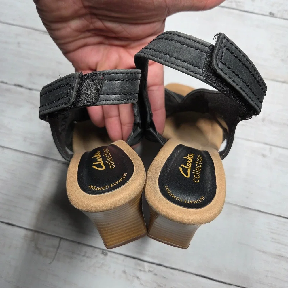 Clarks Collection Ultimate Comfort Wedge Sandal Women 7.5 Black Leather Slingbac